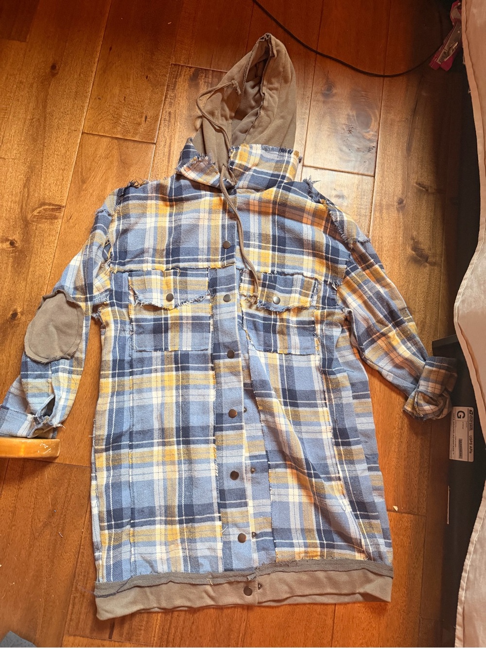 POL Blue and Yellow Plaid Hooded Button-Down Shirt